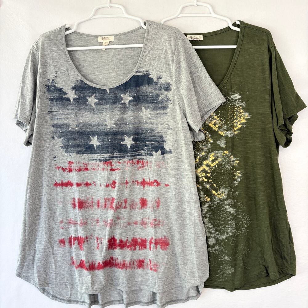 Madison & Berkley Womens 3X T-Shirt Lot of Two Scoop Neck Y2K US Flag Green BOHO